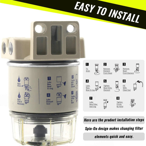 Marine Fuel Water Separator Filter, 10 Micron Replacement For S3240, 120AT, spin-on design with installation guide.