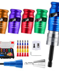 Heavy Hitting Drill Mounted Wire Stripper And Twister Kit For Solid 6 Through 14 Awg Cables with color-coded mandrels and connectors.