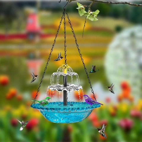 Sun Powered Cascade Hanging Bird Bath Fountain For Gardens And Backyards With Flowing Water In Direct Sunlight No Wires Needed Easy Setup Durable Blue Finish For Outdoor Decor Yard Ready