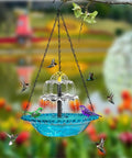 Hanging Bird Bath Fountain With Cascade Flow Solar Powered No Wires Needed Easy Setup For Outdoor Gardens Blue Bird Bath Water Feature That Attracts Birds And Delivers A Soothing Backyard Cascade, featuring cascading water and vibrant birds in a blue basin.