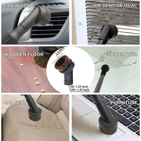All In One Vacuum Attachments Kit With Universal Hose Adapters used on car vents, air vents, floors, cobwebs, seats, and furniture.
