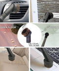 All-In-One Vacuum Attachment Kit With Six Must-Have Tools cleaning car interior and air vents using a dust brush tool.