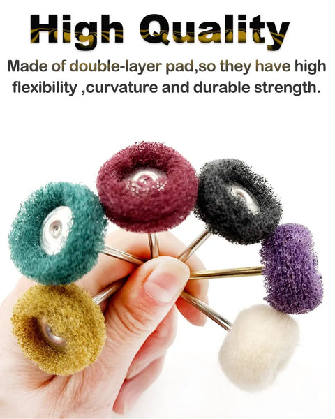 Hand holding 60 Pack Rotary Tool Polishing Buffing Wheels Kit, 1/8 Inch Shank, 1 Inch Diameter, showing various abrasive wheels.