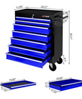 Seven Drawer Rolling Tool Chest On Wheels With Locking Casters And Tubular Handle, Built Tough Tool Cart For Your Garage, Shop Or Warehouse, Massive 7 Drawer Storage In Black And Blue. Black steel tool chest with blue drawers, 24.21in wide.
