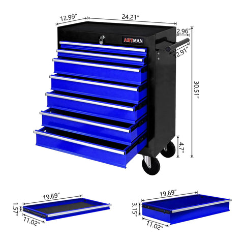 Seven Drawer Rolling Tool Chest On Wheels With Locking Casters And Tubular Handle, Built Tough Tool Cart For Your Garage, Shop Or Warehouse, Massive 7 Drawer Storage In Black And Blue. Black steel tool chest with blue drawers, 24.21in wide.