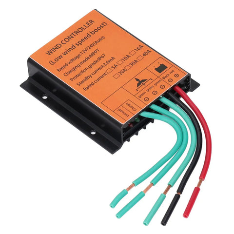 Top Shelf Wind Turbine Controller For 12 Volt And 24 Volt Systems Handles 300 Watts To 1000 Watts With MPPT PWM Charging And 16 Amp Output Black and orange unit with wires for wind energy management.