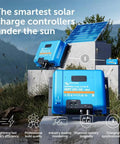 SmartSolar MPPT Charge Controller With Bluetooth 60A 250V MC4 NH354 setup on a pedestal, solar panel above, scenic background