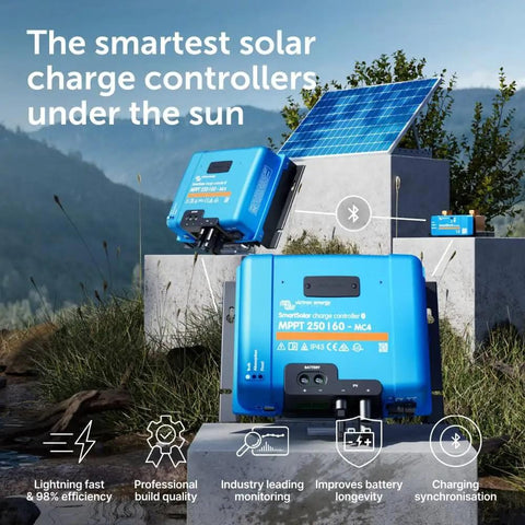 SmartSolar MPPT Charge Controller With Bluetooth 60A 250V MC4 NH354 setup on a pedestal, solar panel above, scenic background