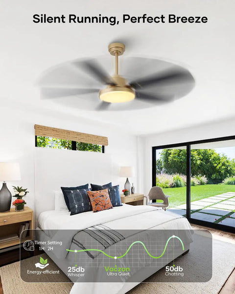 Bedroom with 52 Inch Gold And Black Ceiling Fan With Lights And Remote App Indoor Outdoor Smart Fan 6 Speeds 3 CCT