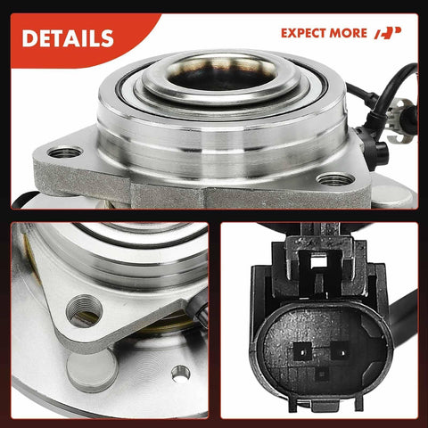 Close-up of Front Wheel Bearing Hub Assembly For 4WD Chevy Silverado 1500 Tahoe Suburban Avalanche GMC Sierra 1500 Yukon XL 1500 Cadillac Escalade ESV EXT With Six Lug And ABS showing metal bearings and electrical connector