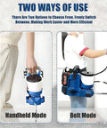 Heavy Duty Cordless Airless Paint Sprayer With High Pressure Adjustable Flow And Spacious Paint Reservoir Featuring Dual Batteries in handheld and belt modes.