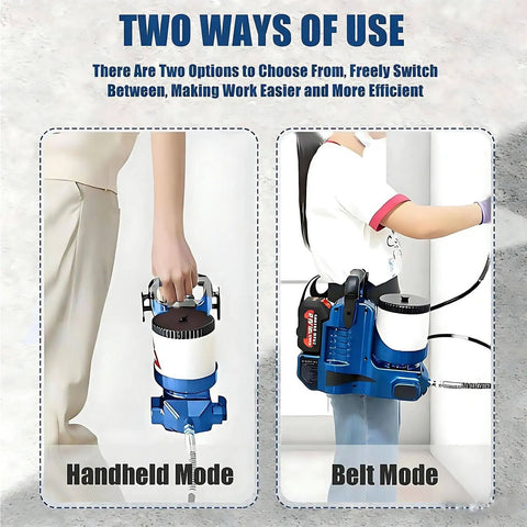Heavy Duty Cordless Airless Paint Sprayer With High Pressure Adjustable Flow And Spacious Paint Reservoir Featuring Dual Batteries in handheld and belt modes.