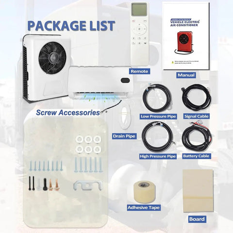 Package contents for 12V Mini Split Air Conditioner with Brushless Motor for Trucks RVs and Vans, including accessories and manual