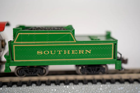 Prairie 2 6 2 Locomotive and Tender N Scale Green Train Set, Southern branding, die-cast chassis, metal handrails