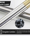 Tungsten carbide chamfer end mill; silver shaft with gold collar, HRC55 label visible.