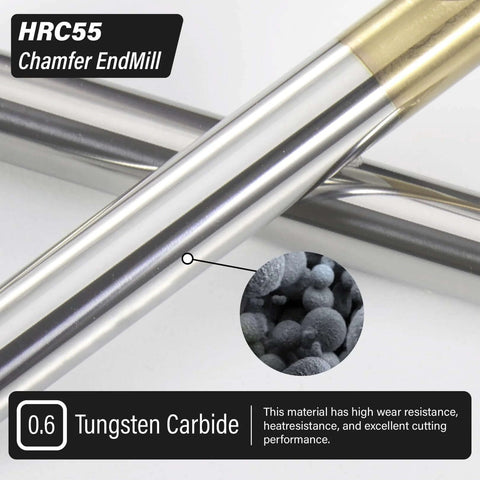 Tungsten carbide chamfer end mill; silver shaft with gold collar, HRC55 label visible.