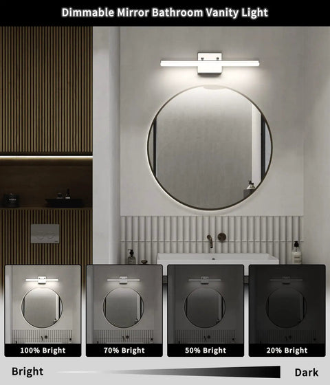 Modern Chrome Vanity Light Bar 20 Inch Long LED Fixture 12W Dimmable Vanity Lighting showing brightness levels