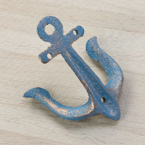 Vintage Rustic Cast Iron Nautical Anchor Wall Hooks Built Tough Real Heavy Duty Coat And Bath Towel Hanger With Quick Install Screws For Household Spaces, blue patina anchor design.