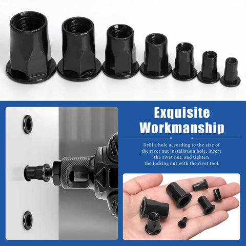 250 Piece Threaded Rivet Nuts Set M3 Through M12 Half Hex Head Black Zinc Plated Knurled Rivnuts shown in various sizes
