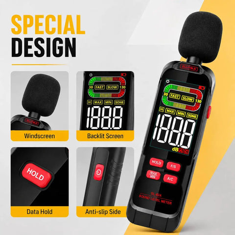 Digital Sound Level Meter With 30 To 130 dB Range A And C Weighting Fast Or Slow Response Max Min Data Hold Color Backlit Display Ideal Noise Meter For Home Office Shop Floor And Neighbor Noise Checks, black handheld meter