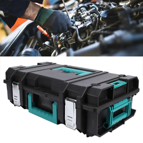 No Sweat Stackable Toolbox With Secure Latch And Custom Gear Sorting Tray Setup, heavy-duty black toolbox for automotive work.