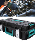 Heavy Duty Stackable Toolbox With Metal Clip And Easy Grip Top Handle For Modular Workshop Rig and Clutter Free Job Site Storage and Professional Grade Tool Case Built For Daily Grind Hustle, shown beside a mechanic working.
