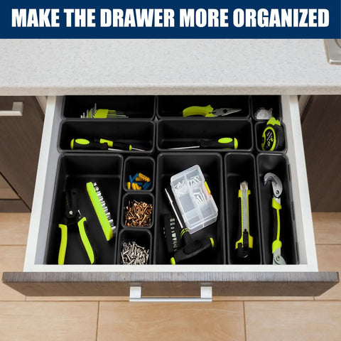 68 Piece Tool Box Organizer Tray Set With 5 Sizes XL L M S XS for Garage and Workshop Drawer Storage shown in drawer