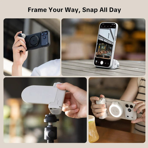 Collage of Magnetic 3 In 1 Phone Grip with Built In 3000mAh Power Bank, showing various uses and angles on phones.