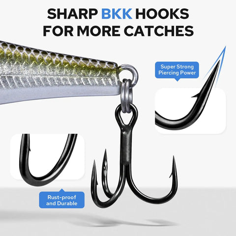 Suspending Jerkbait Minnow Lure With Sound, Flash, Glow Brighter, And Rattle Louder For Bass Walleye Pike And Catfish Neutral Buoyancy Cast Farther Irresistible Action Precision Engineered with black treble hooks