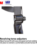 Close-up of ExoFit X300 Comfort Vest Positioning Safety Harness revolving torso adjusters, black fabric with blue accents