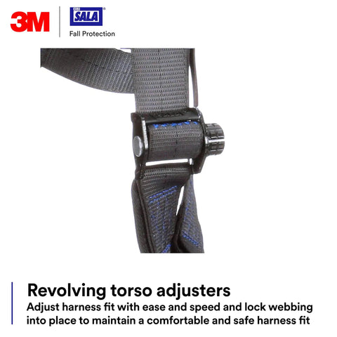 Close-up of ExoFit X300 Comfort Vest Positioning Safety Harness revolving torso adjusters, black fabric with blue accents
