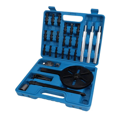 Rock Solid Steel Bearing Puller Set For Auto Wheel Hub Repair With Pro Extractor Tool 33 Piece Kit Works With DL1 DL6 Collets Fits 6005 To 6310 Bearings Internal Removal Good For Pros Doing Work At Home Or Shop Get Job Done Right Heavy Duty Setup in blue case