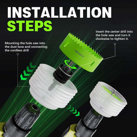 8-in-1 Bi-metal hole saw kit with 2-in, 4-in, 6-in saws and drill bits for wood, metal, PVC; two white hole saws shown.