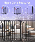 Diagram showing features of Extra Wide Baby Gate With Walk Through Door Adjustable From 62.19 To 66.92 Inches Pressure Mounted Auto Close