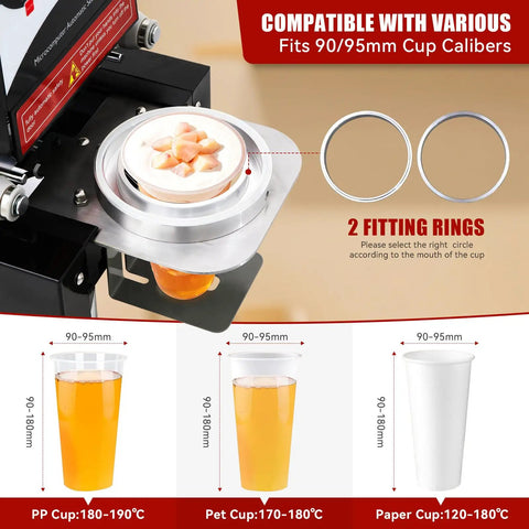 Straight Up Heavy Duty Commercial Boba Cup Sealer Machine With Digital Control showing cup fitting rings and compatible cup sizes.