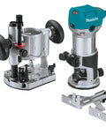 Beefy One And One Quarter Horsepower Compact Router Kit With Variable Speed From 10000 To 30000 RPM Rack And Pinion Fine Depth Adjustment Slim Ergonomic Body And Quick Release Cam Lock For Precise Comfortable Woodworking showing router base and attachments