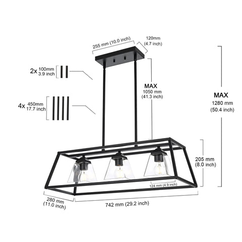 Farmhouse Chandelier Lighting Three Light Clear Glass Shade Pendant For Dining Room Foyer And Kitchen Island Rustic Black Industrial Pendant With Adjustable Height Metal E26 Base dimensions