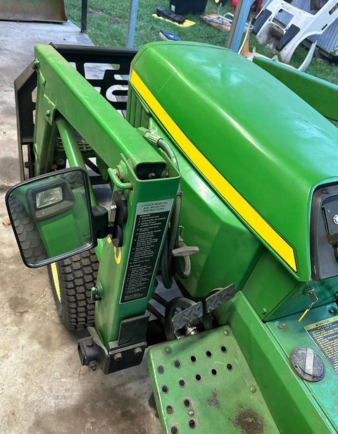 Heavy Duty Magnetic Tractor Side Mirrors With 114 Lbs Each mounted on John Deere green tractor