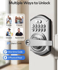 Slick Keyless Entry Door Lock Handle With Built In Keypad In Satin Nickel, front view with multiple unlock options image.