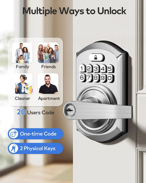 Slick Keyless Entry Door Lock Handle With Built In Keypad In Satin Nickel, front view with multiple unlock options image.