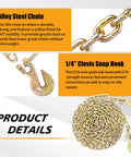 Beefy Heavy Duty One Quarter Inch Tow Chain Twelve Foot With G80 Grade Log Chain And Clevis Grab Hooks, coiled and detailed view