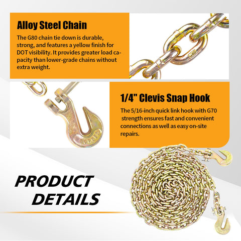 Beefy Heavy Duty One Quarter Inch Tow Chain Twelve Foot With G80 Grade Log Chain And Clevis Grab Hooks, coiled and detailed view