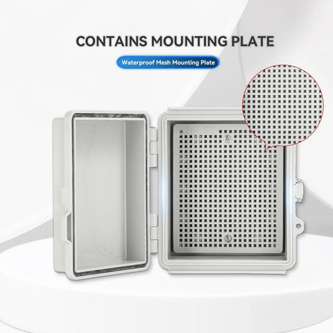 Outdoor IP67 Weatherproof Junction Box With Hinged Gray Cover and Mounting Plate, 155x135x85mm, open showing interior details