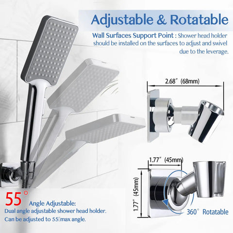 Adjustable Brass Shower Head Holder Bracket For Wall Mount 360 Degree Rotation No Drill Glue Install Polished Chrome Finish Solid Brass Construction Rustproof Heavy Duty Bathroom Upgrade in use