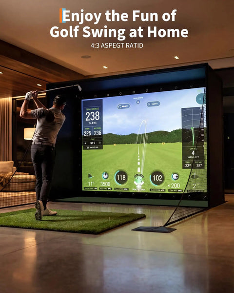 Man using 11' X 8' Indoor Golf Simulator Enclosure Kit with 4K Ready Impact Screen for home practice session