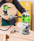Slick Quick Release 6.5 Amp Compact Wood Router With Fixed Base operating on a wood surface, showcasing variable speed settings and guides.