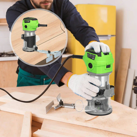 Slick Quick Release 6.5 Amp Compact Wood Router With Fixed Base operating on a wood surface, showcasing variable speed settings and guides.