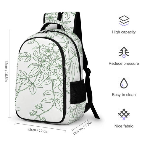 Green Line Floral Vine Printed Unisex Backpack With Large Capacity Durable Polyester Breathable Mesh Back Easy Zip Convenience