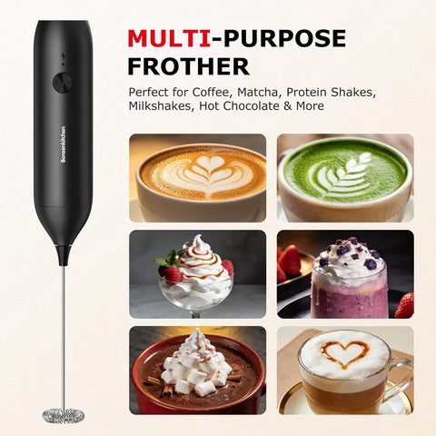 Rechargeable Handheld Milk Frother With USB C Charging, Cordless Electric Foam Maker And Stainless Steel Whisk shown with coffee and matcha.