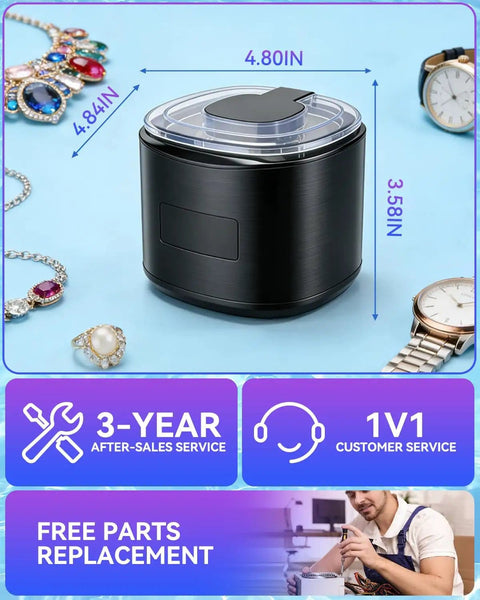 Upgraded Ultrasonic Retainer Cleaner 300ML with 50KHz Dual Tech and 4.0 Smart Chip, surrounded by jewelry and watches